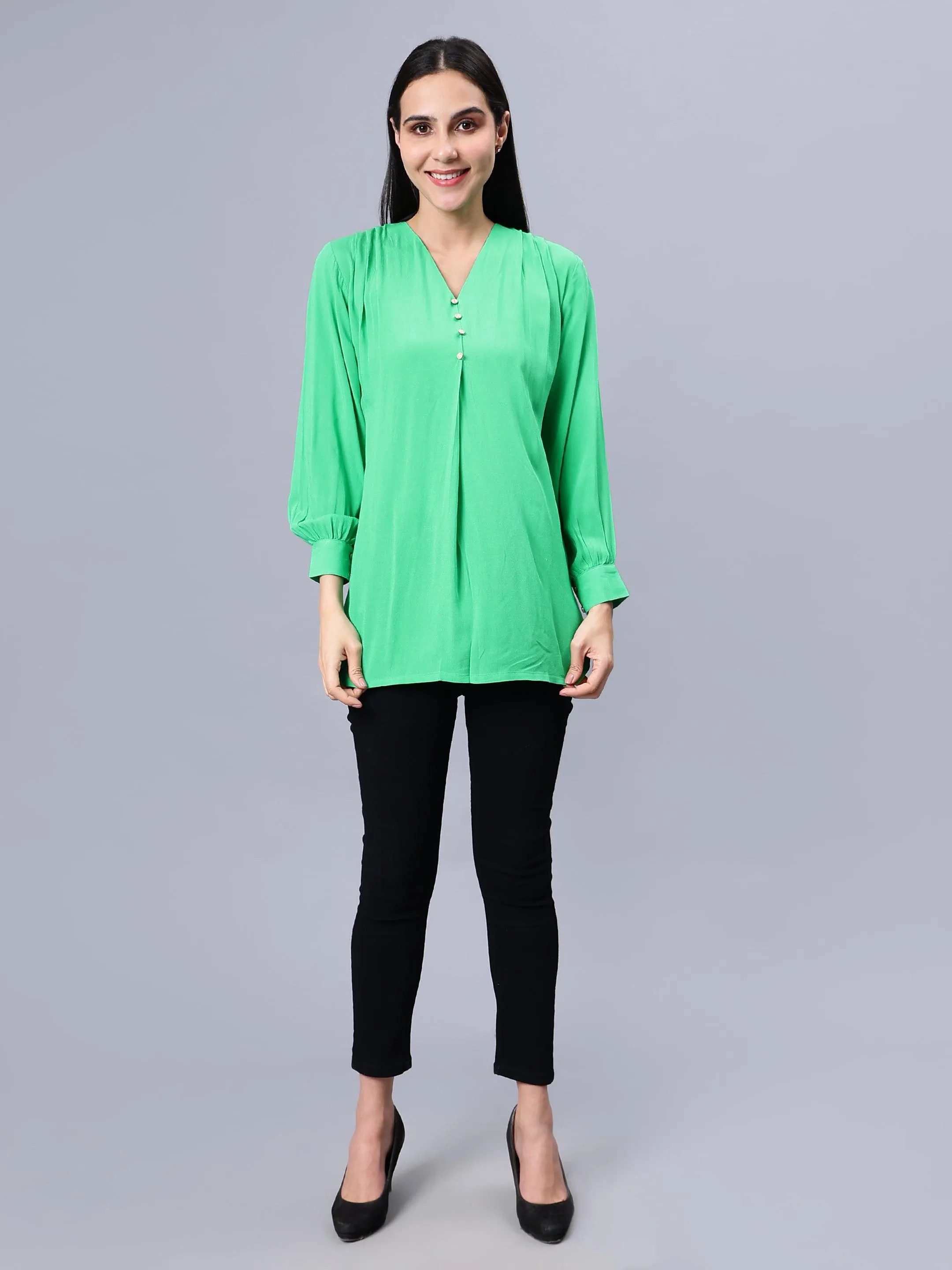 Women's Casual Green Longline Top - Stylish, Woven, and Comfortable