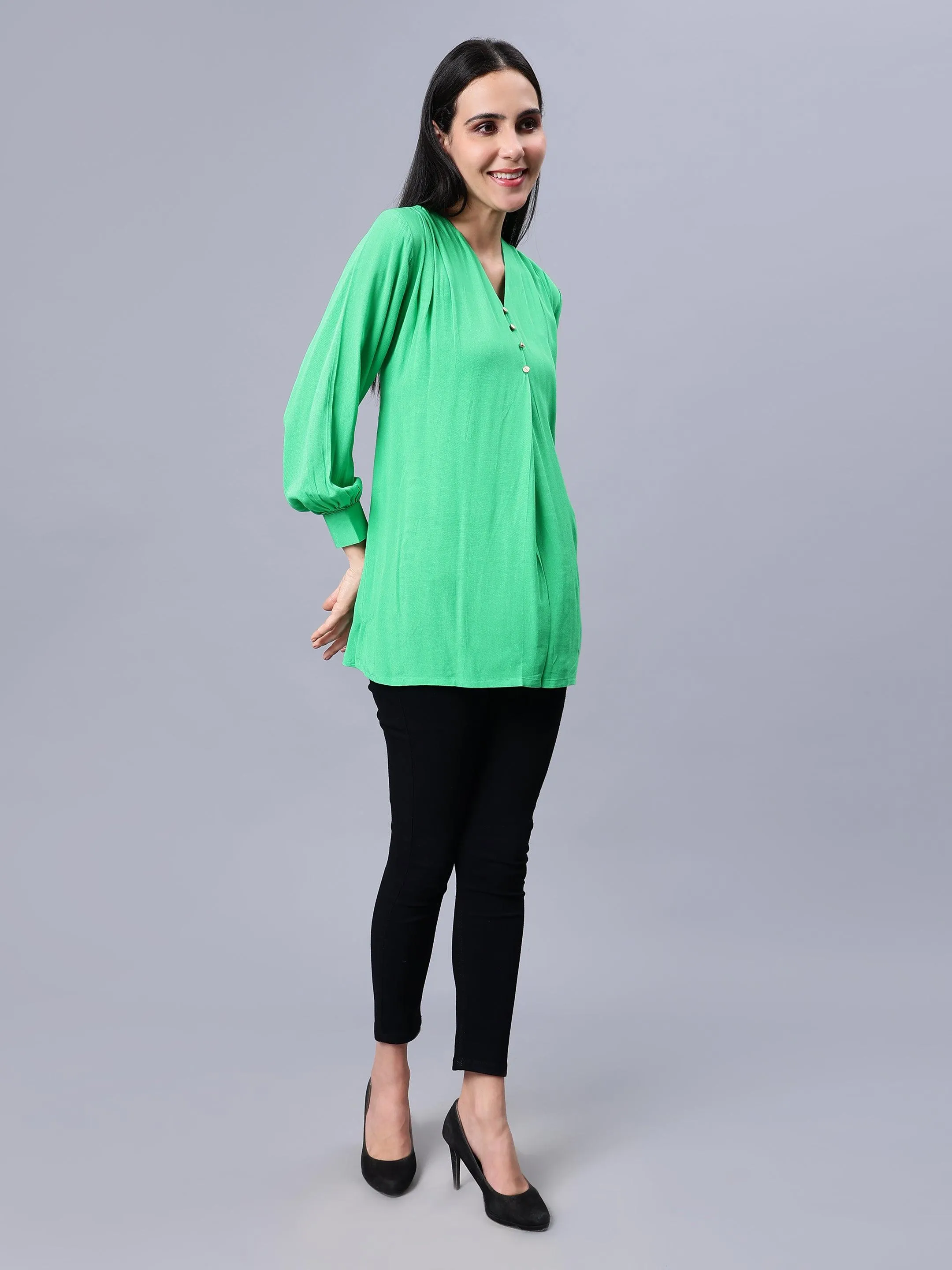 Women's Casual Green Longline Top - Stylish, Woven, and Comfortable