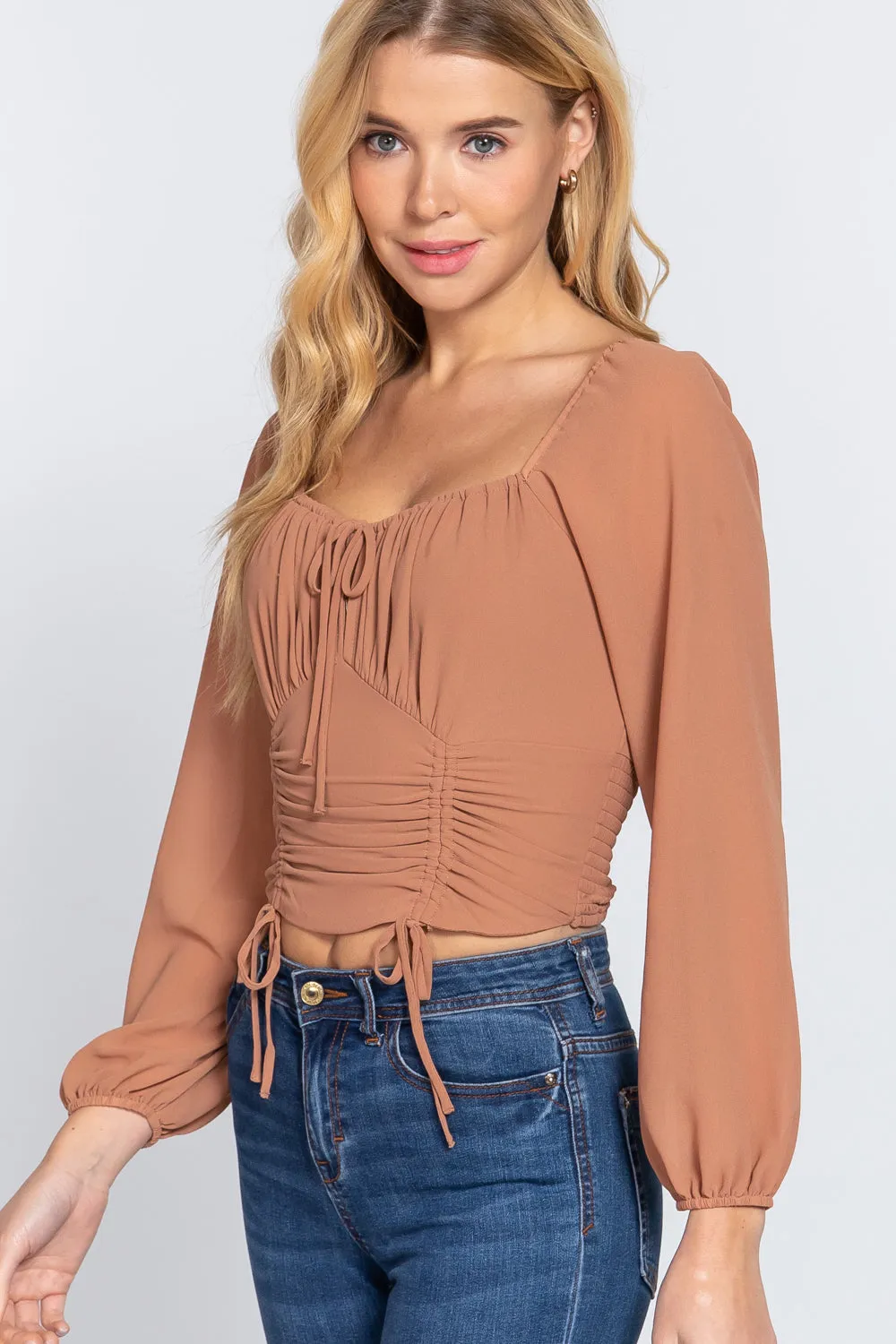 Women's Long Sleeve Front Tied Ruched Detail Woven Top