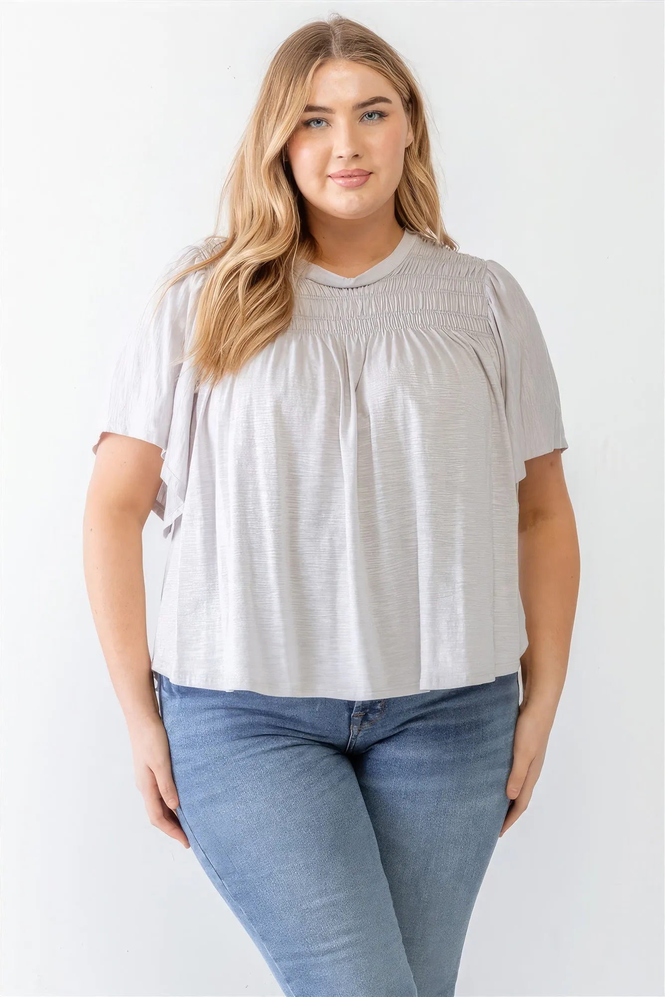 Women's Plus Grey Cotton Blend Smoked Short Sleeve Top