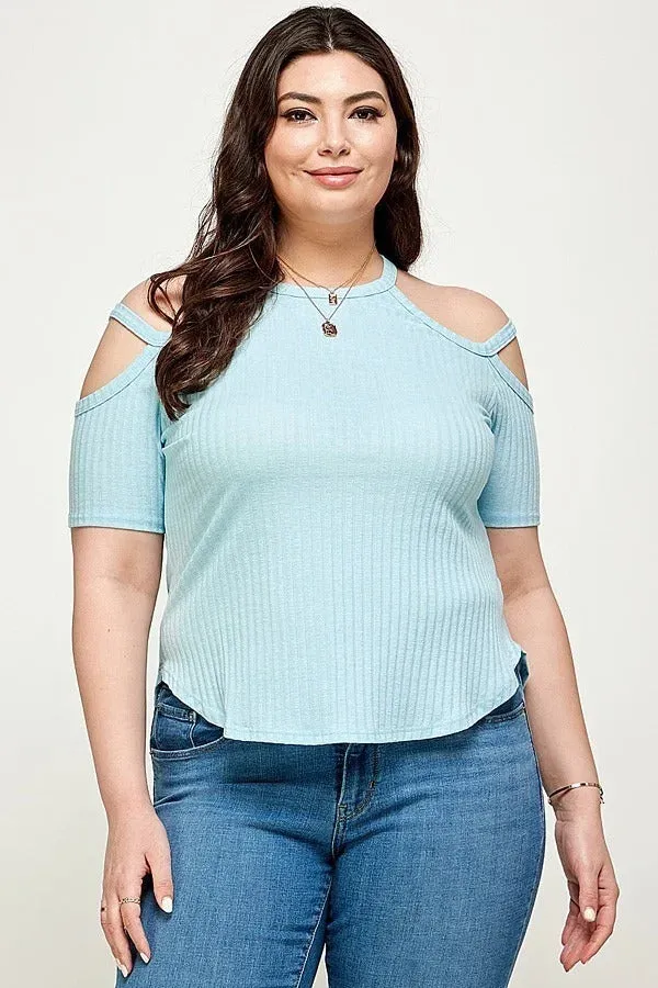 Women's Plus Size, Solid Ribbed Cold Shoulder Top