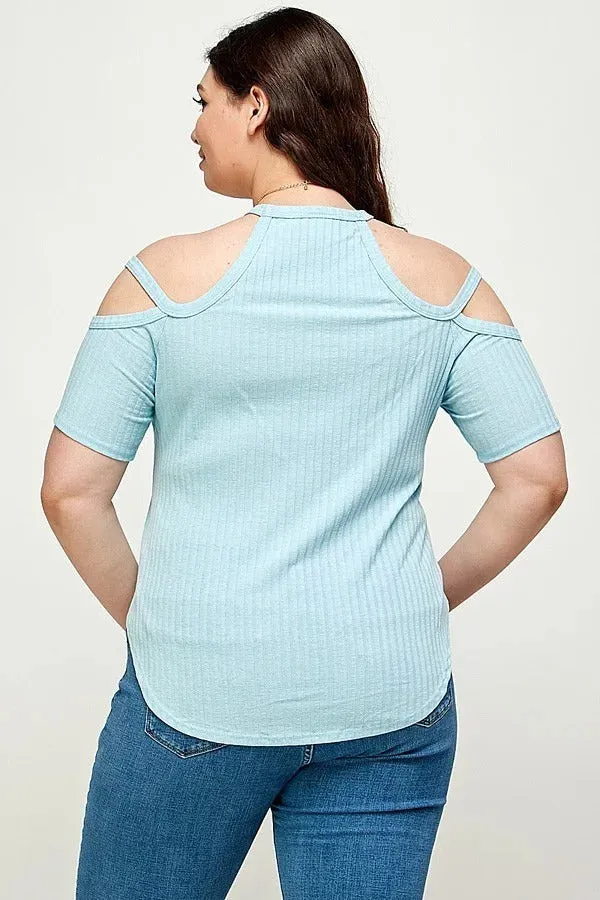 Women's Plus Size, Solid Ribbed Cold Shoulder Top