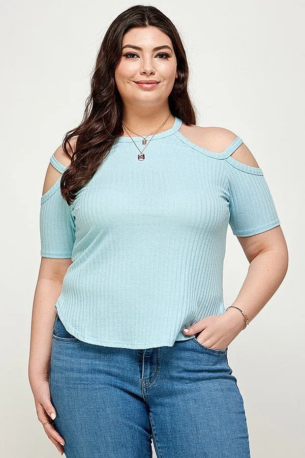 Women's Plus Size, Solid Ribbed Cold Shoulder Top