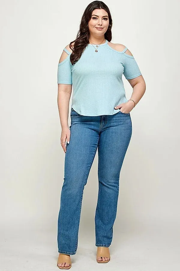 Women's Plus Size, Solid Ribbed Cold Shoulder Top