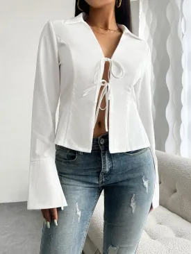 Women's White Top Open Front Bow Devine Slit Tied Collared Neck Long Sleeve Blouse