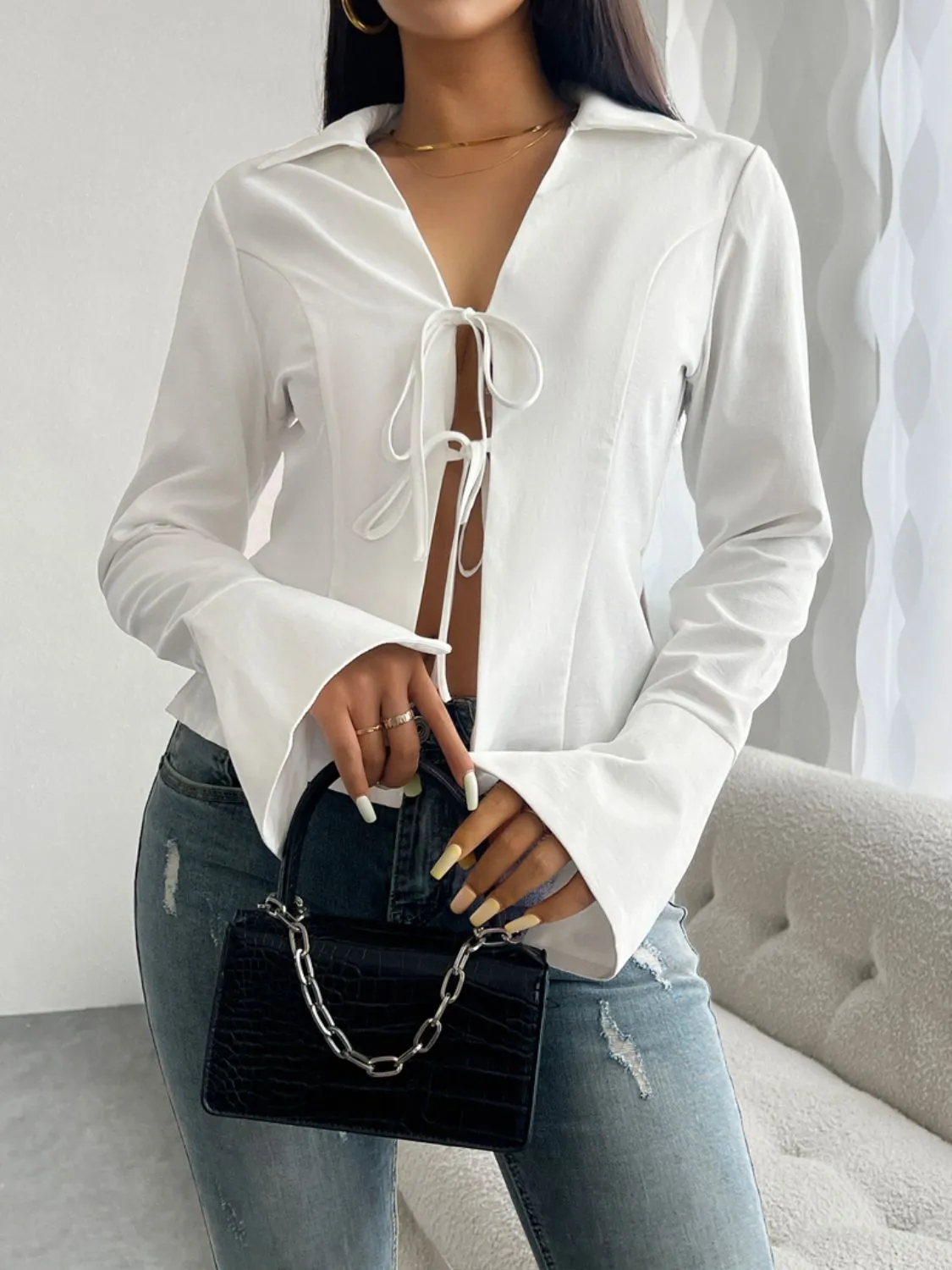 Women's White Top Open Front Bow Devine Slit Tied Collared Neck Long Sleeve Blouse