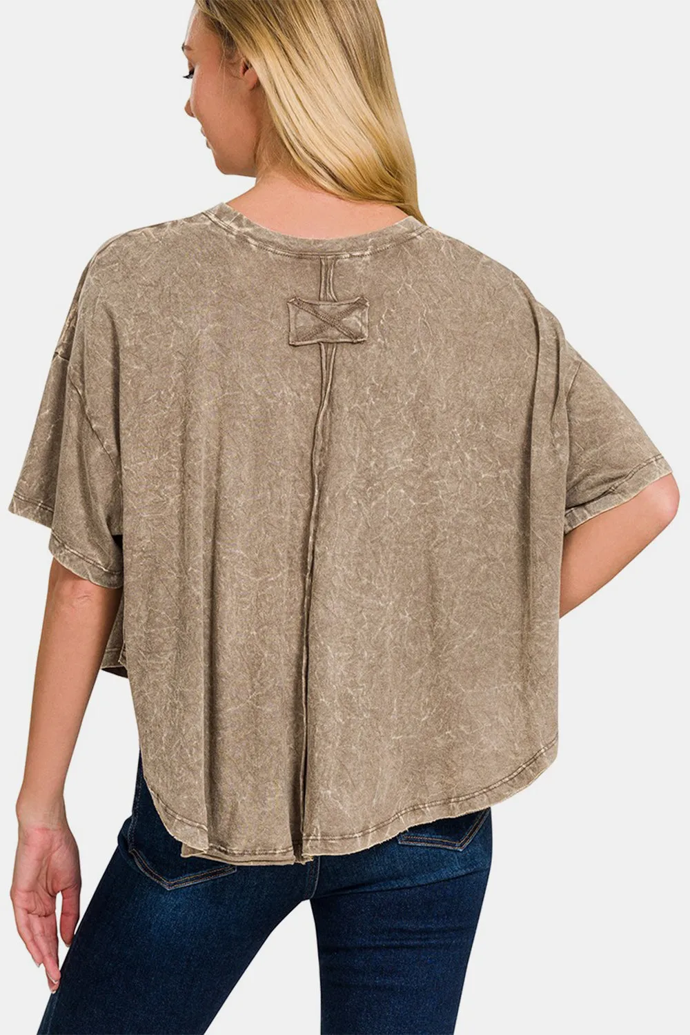 Women's Zenana Washed Round Neck Drop Shoulder Cropped T-Shirt