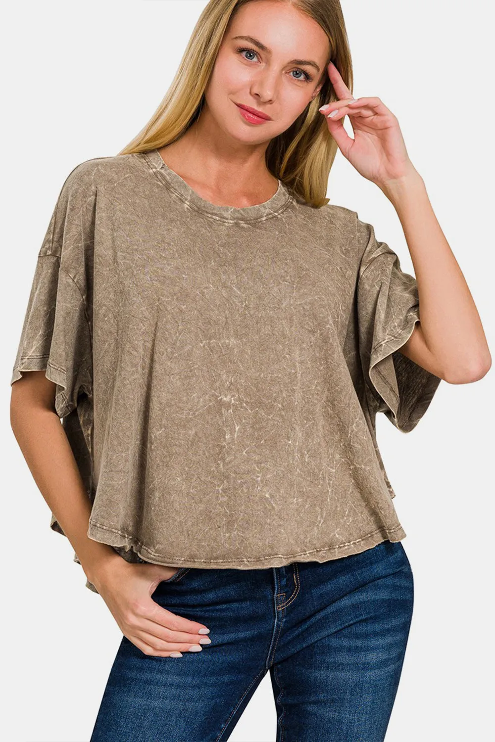 Women's Zenana Washed Round Neck Drop Shoulder Cropped T-Shirt